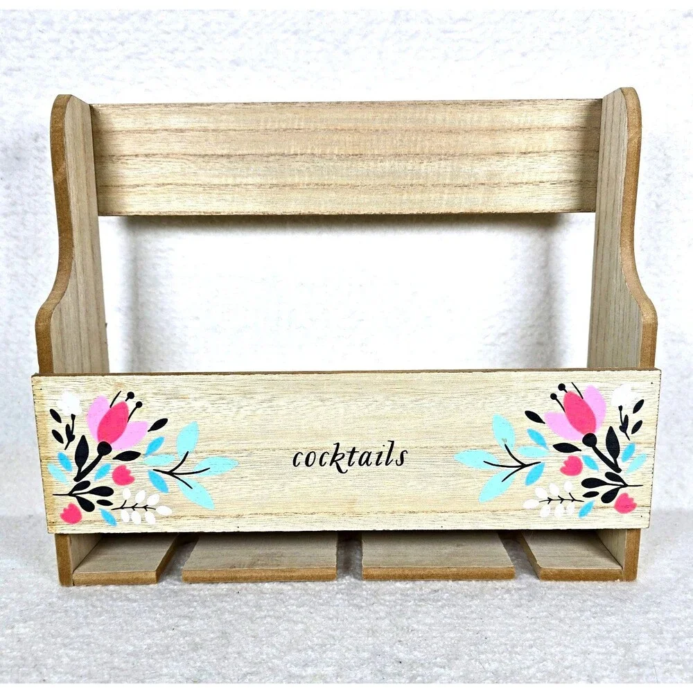 Wooden 4-Bottle Wine Rack Holder w/ Handle Farmhouse Floral Design Philosophy